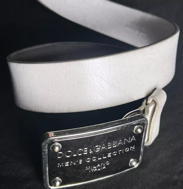 Dolce & Gabbana Men’s Collection DG Plate Crushed White Leather Belt 30-32