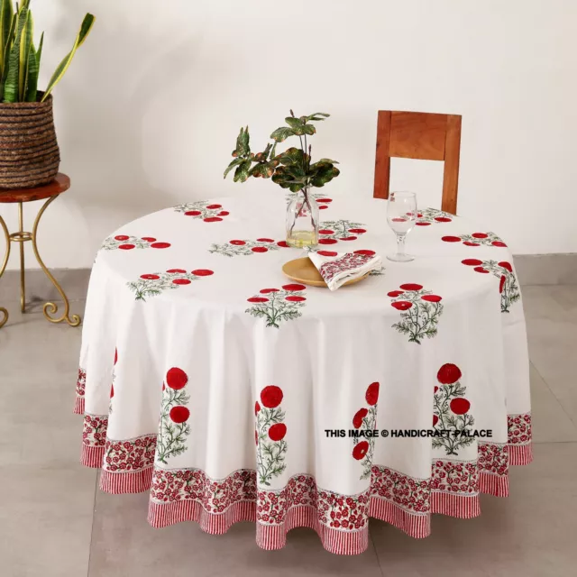 Bloc Imprimé Nappe Rond Blanc Rouge Coton Floral Lin Avec Serviette Set