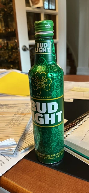 Bud light st patricks day 2023 aluminum beer bottle with cap