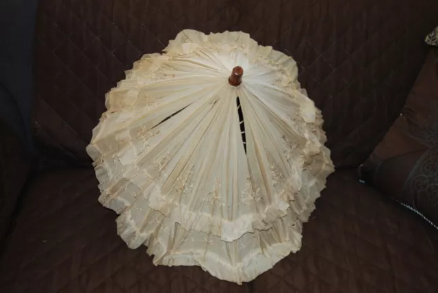 Antique 1800's Garden Lawn Parasol Linen Ruffles Cream Ivory Tusk Handle Doll
