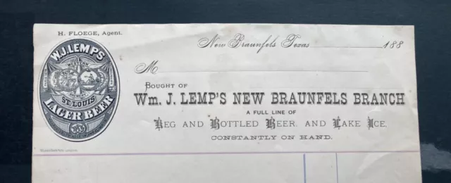 New Braunfels, Texas, Billhead, Wm. J. Lemp's Beer, 1880s