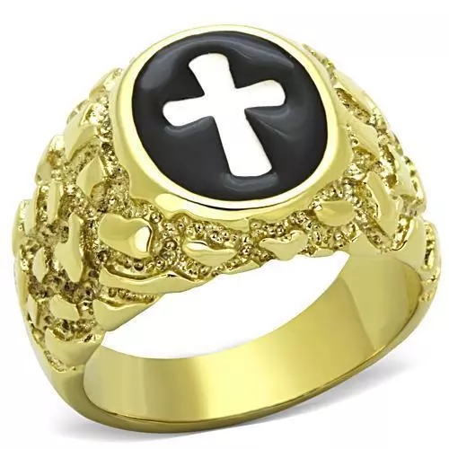 Mens cross ring gold nugget signet pinky all sizes black steel no tarnish 1358