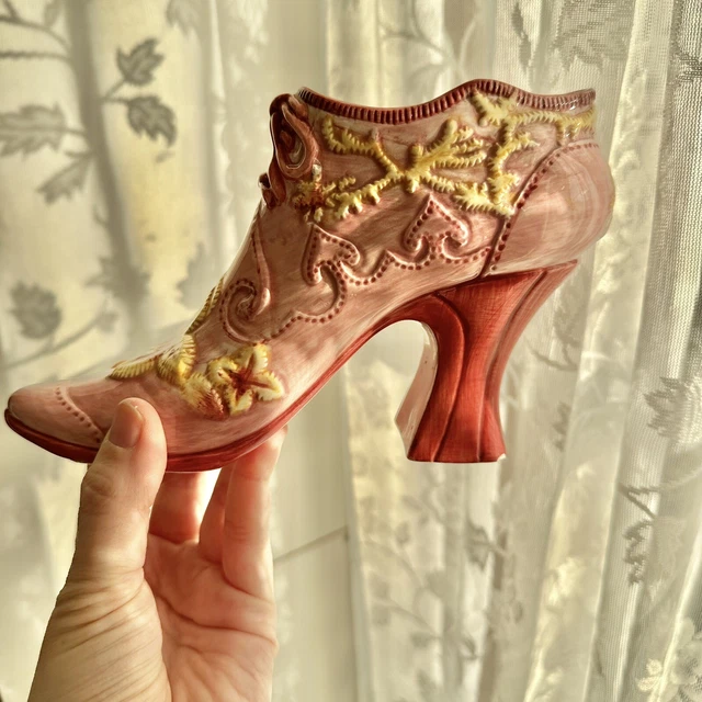 Vintage Victorian Boot Shoe Planter Vase Stitching Floral Porcelain Ceramic