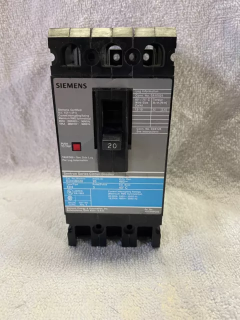 Siemens Sentron Series Circuit Breaker 20A ED43B020 480v 3 Pole