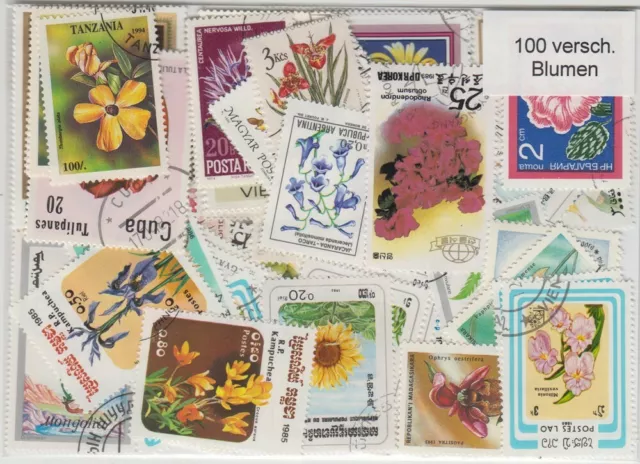 100  verschiedene Briefmarken mit Blumen , Orchideen , Rosen , Tulpen , etc.