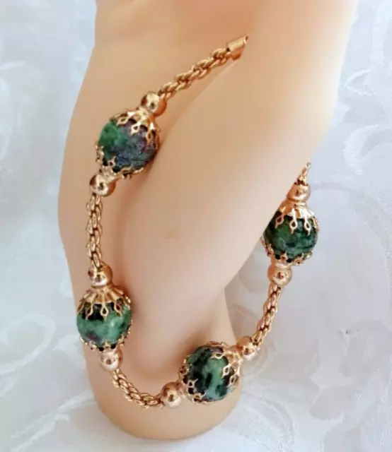 Bracciale donna pietre dure ruby zoisite stile anni 50 vintage antico verde oro