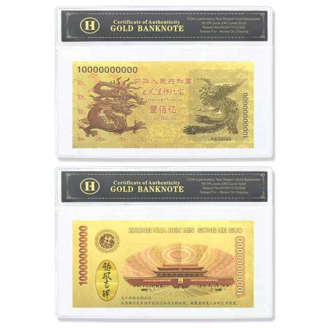 Ten Billion Dollars Gold Banknote and Plastic Case Chinese Dragon and Phoenix