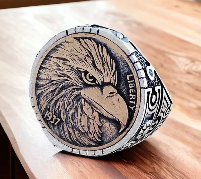 Sólido 925 Plata de Ley Hombres Mujer Anillo American Eagle Motero Moneda Diseño