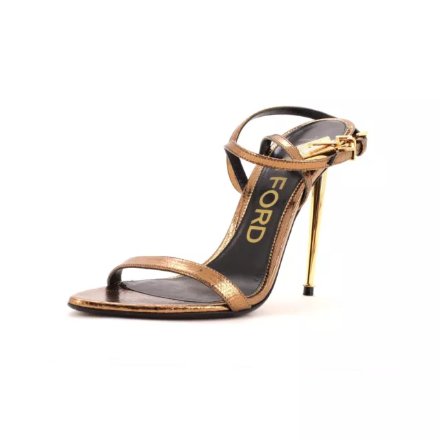 Tom Ford Women's Padlock Pointy Naked Heeled Sandals Leather 105 Gold