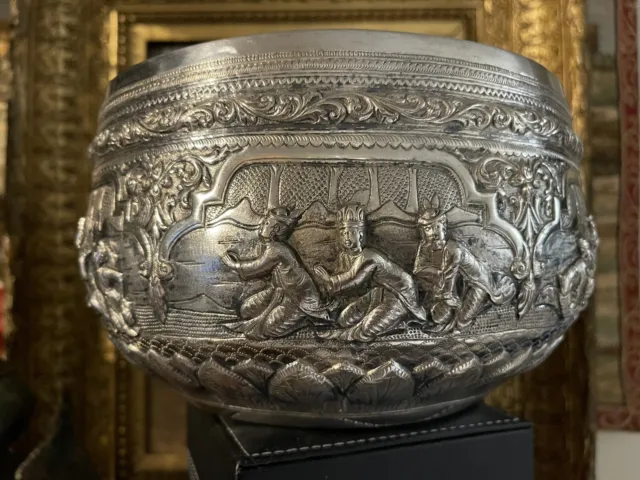 Antique Glam Deco Bowl Thabeik Sterling Silver Burma Circa 1880