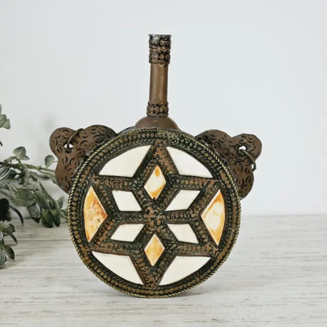 Vintage Powder Flask Moroccan Brass Inlaid Camel Bone Middle East Rare