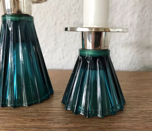 Vintage WMF 60er 2x versilberte Montur Kerzenständer Kerzenleuchter Glas türkis 3