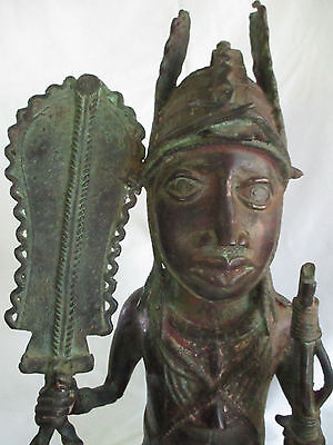 Antique 1800'S African Tribal Large 24" Benin Bronze Warrior Sculpture Nigeria