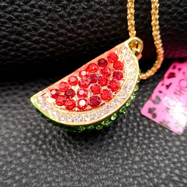 Betsey Johnson Crystal Enamel Cute Watermelon Pendant Sweater Chain Necklace
