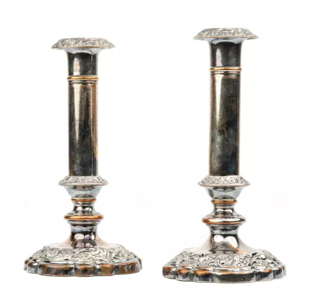 A Pair of Antique Victorian Copper Luster Toned Silver Plated Candlesticks