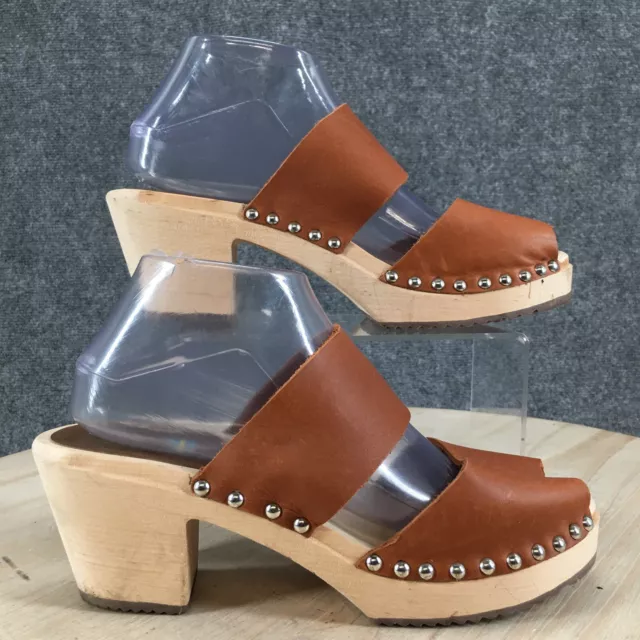 Mia Sandals Womens 40 Platform Wooden Slide Slip On Brown Leather Studs Peep Toe