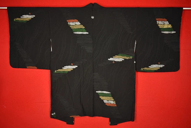 Vintage Japanese Kimono Silk Antique BORO Black HAORI Kusakizome Woven/A888/630