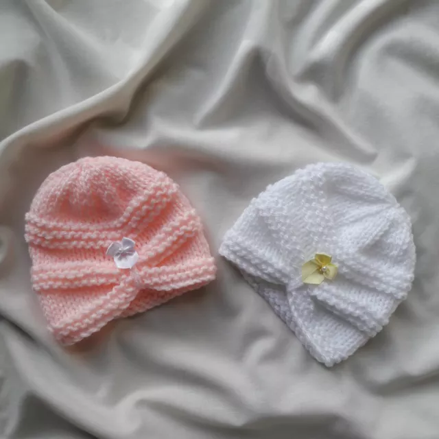  New 2 baby girl hand knitted hats White/Peach + bows Turban Style Small Newborn