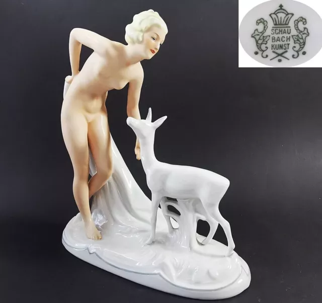 Art Deco - Schaubach- Kunst Porzellanfigur Akt  "Dame mit Reh“  perfekt Zustand