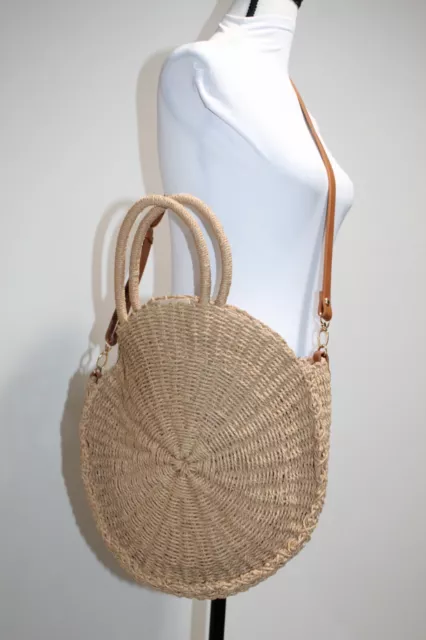 Abercrombie & Fitch Round Rattan Bag Straw Purse Wicker Cross body Leather Strap