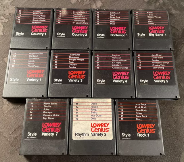 Lot of 11 Lowrey Genius Style Rhythm Contempo Rock Country Variety Cartridges