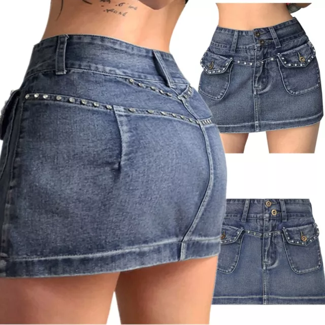 XIUH Denim Mini Skirt For Women Solid Color Pleated Skirt With Pockets Low  Waist Slim Jean Short Skirt Green L 