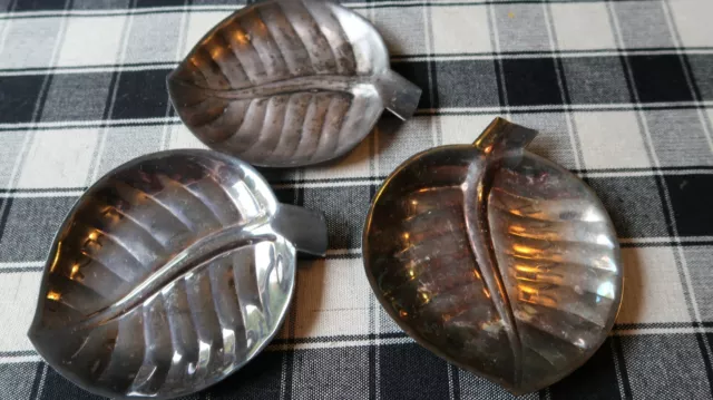 3 Vintage Silverplate International Silver Leaf Ashtrays 4.75"