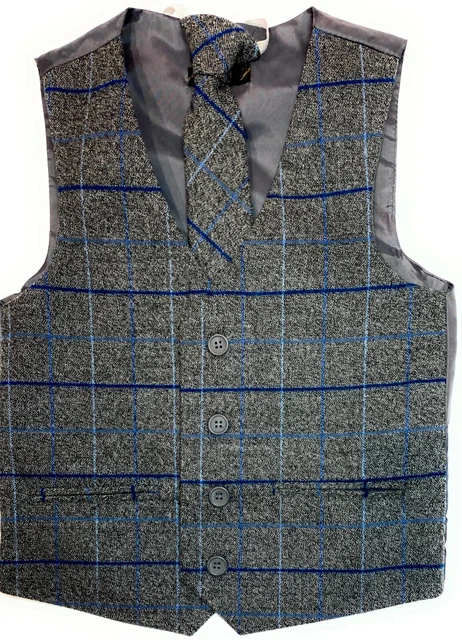 Boys 2 Piece Waistcoat Set Grey Blue Check Wedding Page Boy Party Prom Formal
