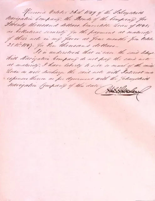 Schuylkill Navigation Company 1845 Receipt for Certificate of Loan $20,000