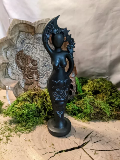 Black Pentacle Goddess Statue Triple Moon Stars Figurine Cauldron Celtic Spiral