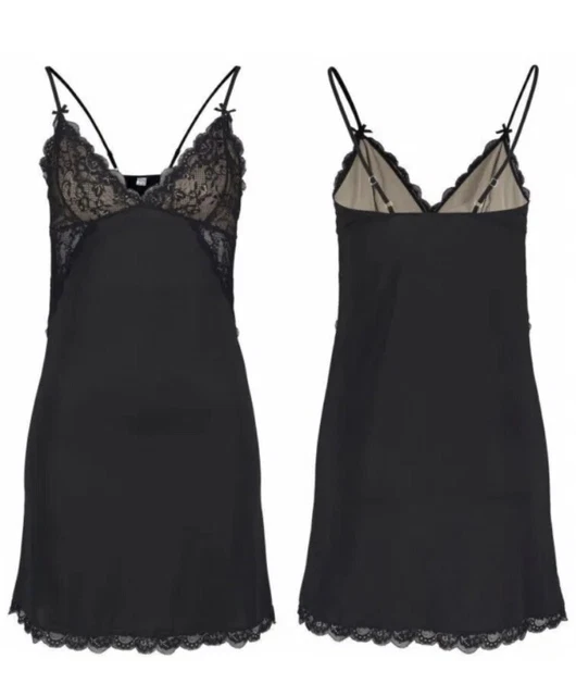 Camicia da notte sexy slip da donna nera negligee 14 - 16 coppe in pizzo fodera nuda fodera