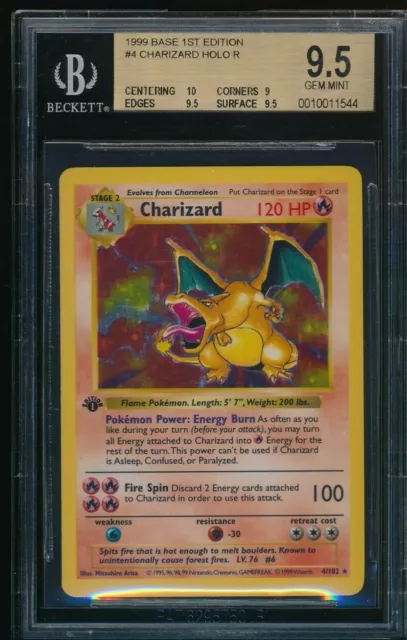 BGS 9.5 w/10 CHARIZARD 1ST EDITION SHADOWLESS 1999 POKEMON BASE #4 HOLO GEM MINT