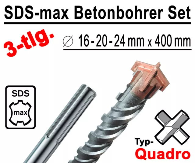 SDS-max Betonbohrer Set 3-tlg Quadro Bohrer Hammerbohrer 16mm 20mm 24mm x 400mm