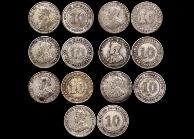 Straits Settlements, George V, Silver 10 Cents, F-VF, a lot of (7) coins