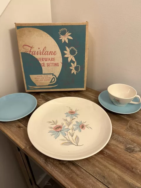 VINTAGE STEUBENVILLE POTTERY "FAIRLANE" 4 Pc Dinner Set - Open Box New MCM 1950s