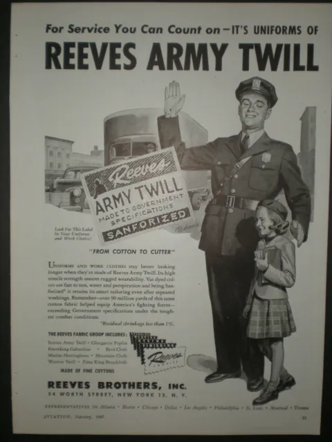 1947 POLICEMAN SCHOOL GIRL WWII vintage REEVES ARMY TWILL UNIFORM Trade print ad