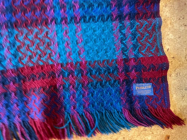 Vintage Pendleton Wool Throw Blanket  48" x  63 " Blues, Purple, Pinks