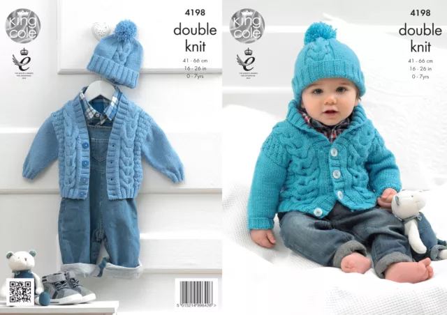 King Cole Baby DK Knitting Pattern V Neck or Shawl Collar Cardigan & Hat 4198