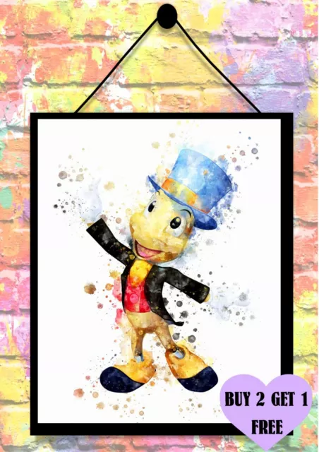 BUY 2 GET 1 FREE - Watercolor Jiminy Cricket Pinocchio Print Wall Art Poster A4