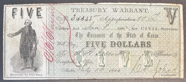 5 Dollars - Treasury Warrant State of TEXAS - Obsolete Currency Note #59193