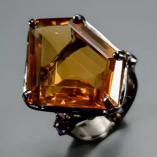 Handmade 32 ct Natural Citrine Quartz Ring 925 Sterling Silver Size 8.5 /R346635