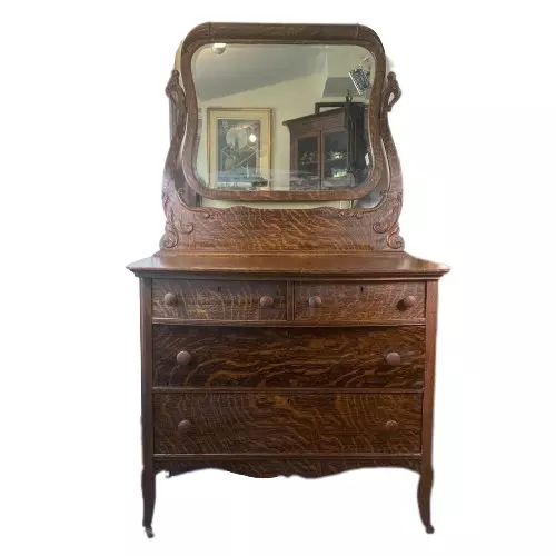 Antique Oak 4 Drawer Bowed Front Dresser With Beveled Mirror Beautiful Grain!