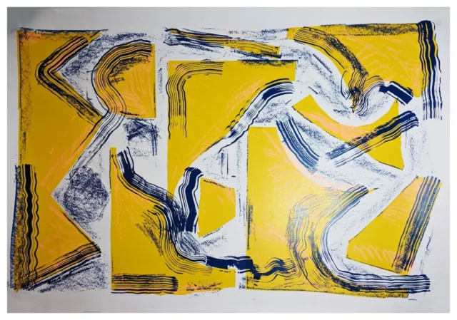 Contemporary Abstract Dynamic Screen Print • Poster Sized • Yellow & Blue Waves