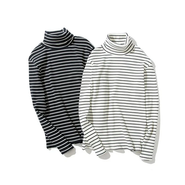 A Righe Camicetta Top T-Shirt Dolcevita Misto Cotone Molla Camicia Manica Lunga