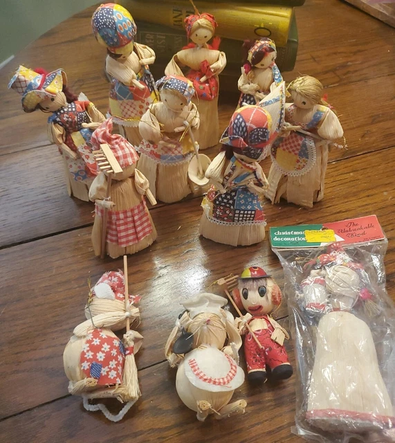 LOT OF 12 Vintage Corn Husk Dolls & Mice Primitive Rustic Christmas