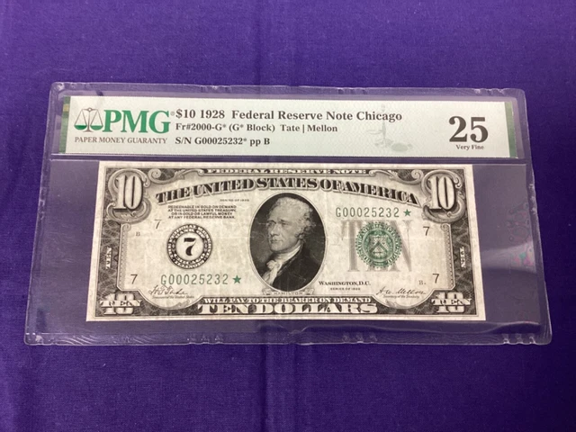 1928 $10 Federal Reserve Note Chicago, IL FR#2000-G - *STAR* Note - PMG 25 VF