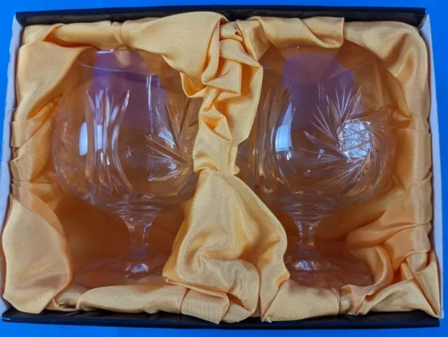 Bohemia Cut Glass Crystal Pinwheel Brandy Glasses x 2 in Gift Box