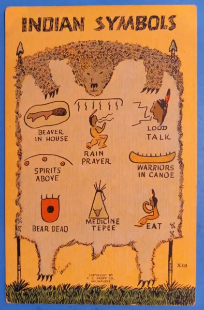 Vintage Indian Symbols Linen Postcard ~ A/S Wilkes ~ Kropp Card