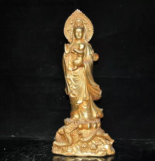 12'' China temple bronze Gilt boy tongzi Kwan-Yin GuanYin Goddess Buddha statue