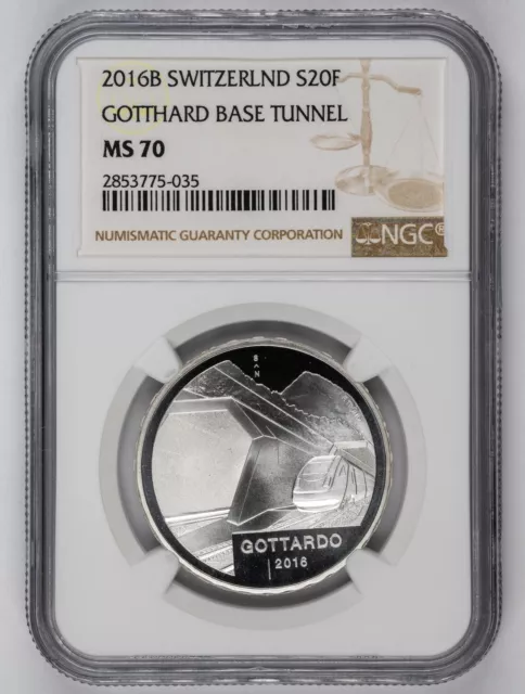 Switzerland 2016 20 francs silver BU coin - Gotthard Base Tunnel, NGC MS 70